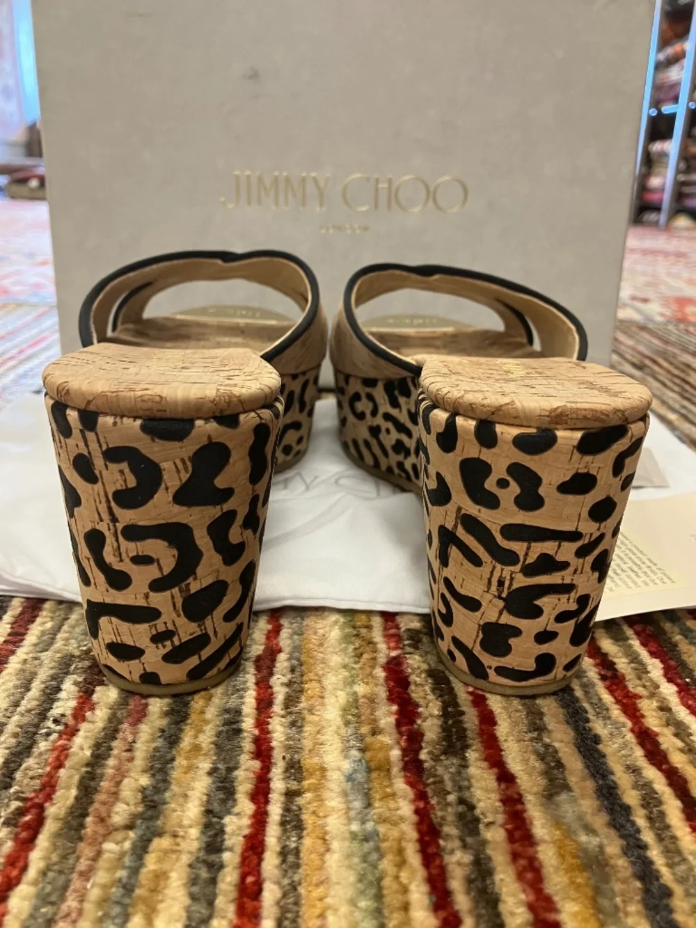 NEW Jimmy Choo USA 7 - Open Toe, Nude with Black Leopard Print, Cork Wedges